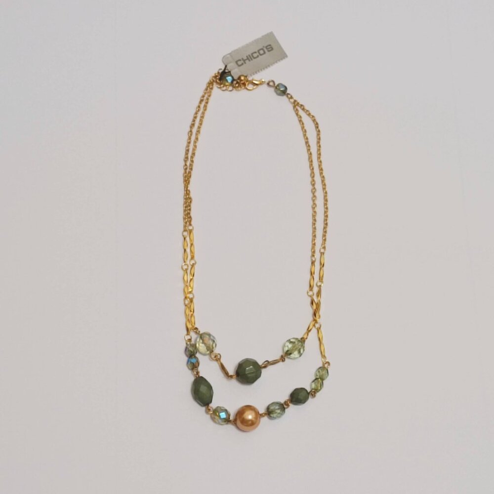 Chico's Gold Tone Necklace with Green Beads NWT